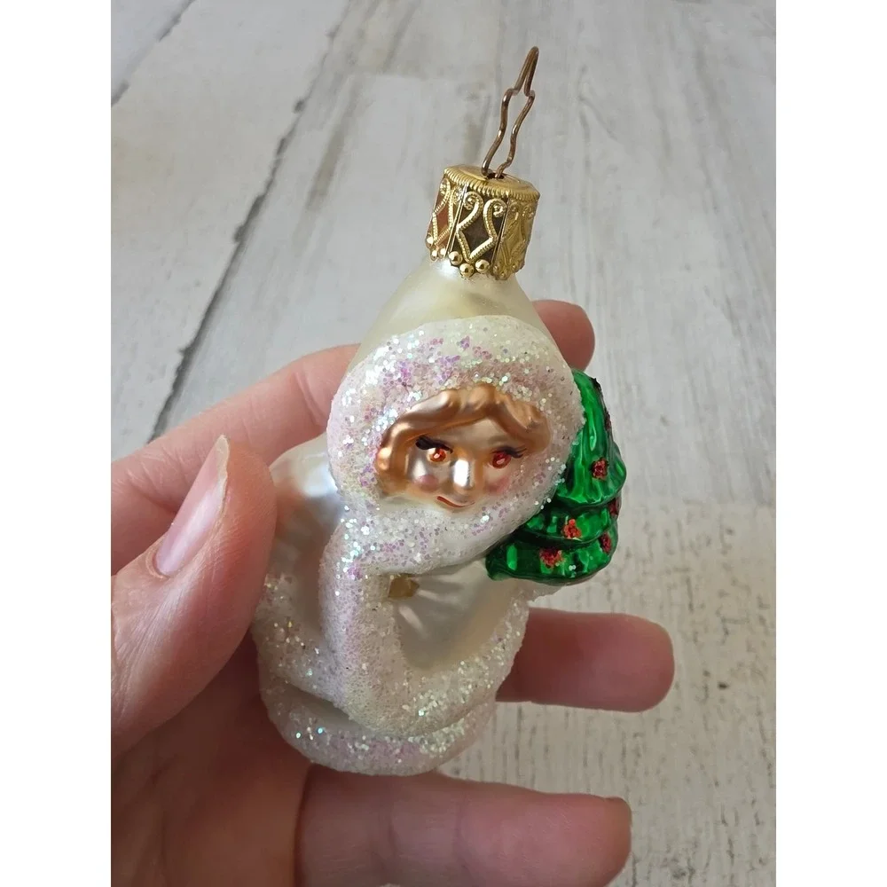 Vintage inge glas Germany‎ snow Eskimo girl glitter ornament Xmas tree white
